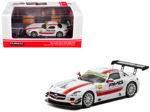 1/64 Tarmac Works Mercedes-Benz SLS AMG GT3 Macau GT Cup - FIA GT World Cup 2015 Winner Maro Engel Car Model with 1 Pack of 2 Collectible Trading Cards