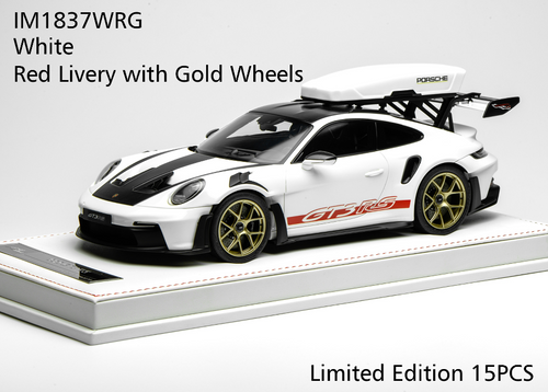 1/18 Ivy Merit Porsche 911 (992) GT3 RS (White with Red Livery & Gold Wheels) Car Model with Detachable Roof Rack Limited 15 Pieces
