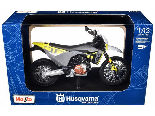 2023 Husqvarna 701 Supermoto Motorcycle Matt Black and Gray with Yellow and White Accents with Display Base 1/12 Diecast Model by Maisto