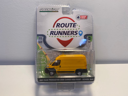 DAMAGED AS-IS 1/64 Greenlight 2021 Dodge Ram ProMaster 2500 Cargo High Roof Van Yellow "School Bus" "Route Runners" Series 4 Diecast Car Model