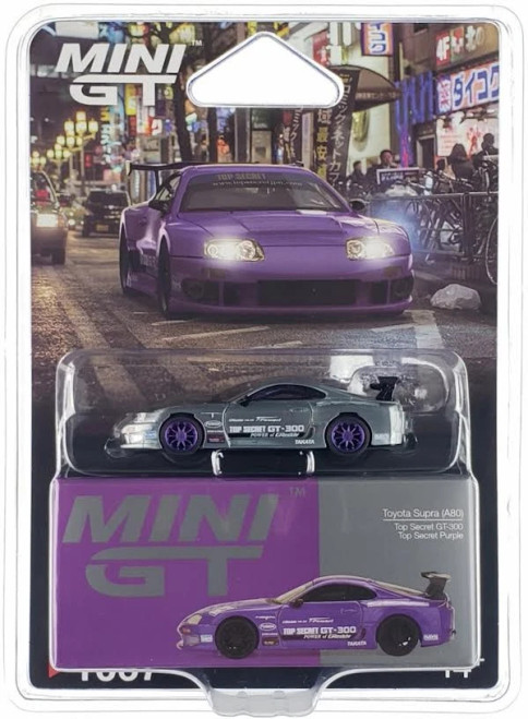 CHASE CAR 1/64 Mini GT Toyota Supra (A80) Top Secret GT-300 Top Secret (Chrome Silver with Purple Wheels) Diecast Car Model
