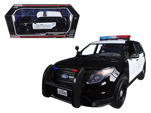 2015 Ford PI Utility Interceptor Black & White Police Car with Light Bar 1/18 Diecast Car Model by Motormax