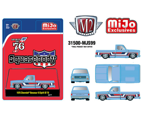 1/64 M2 Machines 1976 Chevrolet Silverado Bonanza-10 SPIRIT OF 76 Squarebody USA Special Edition (Blue) Diecast Car Model