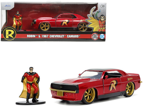 DAMAGED AS-IS 1/32 Jada 1969 Chevrolet Camaro Dark Red Metallic with Black Top and Robin Diecast Figure "Batman" "Hollywood Rides" Series Diecast Car Model