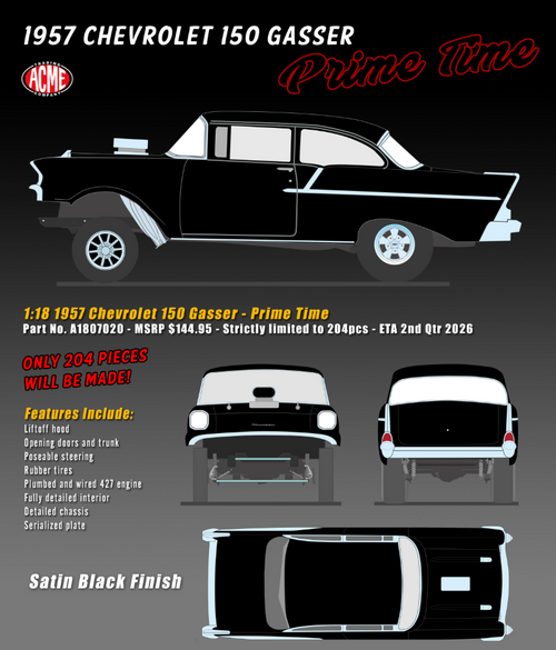 1/18 ACME 1957 Chevrolet 150 Gasser Prime Time (Black) Diecast Car Model