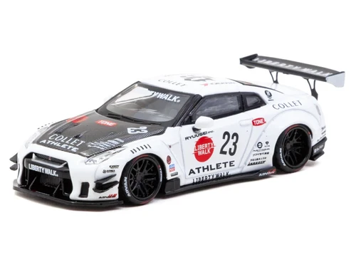 1/64 Tarmac Works Nissan Skyline GT-R R35 LB-Works Type 2 #23 (White) Diecast Car Model with Metal Oil Can Packging