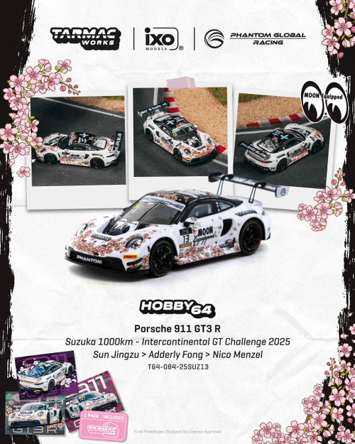 1/64 Tarmac Works 2025 Porsche 911 GT3 R Suzuka 1000KM International GT Challenge Phantom Global Racing Sun Jingzu, Adderly Fong, Nico Menzel Diecast Car Model with 3 Collectible Trading Cards
