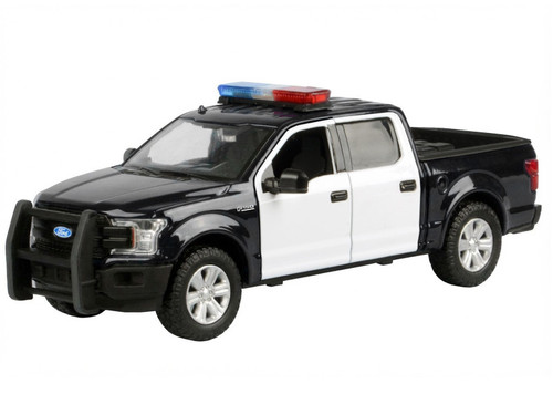 2019 Ford F-150 Lariat Crew Cab Pickup Truck Black and White with Flashing Light Bar and Front and Rear Lights and Sounds 1/27 Diecast Model Car by Motormax