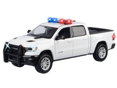 2019 RAM 1500 Laramie Crew Cab Pickup Truck with Bed Cage Black and White with Flashing Light Bar and Front and Rear Lights and Sounds 1/27 Diecast Model Car by Motormax