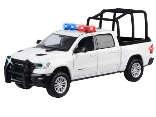 2019 RAM 1500 Laramie Crew Cab Pickup Truck with Bed Cage White with Flashing Light Bar and Front and Rear Lights and Sounds 1/27 Diecast Model Car by Motormax