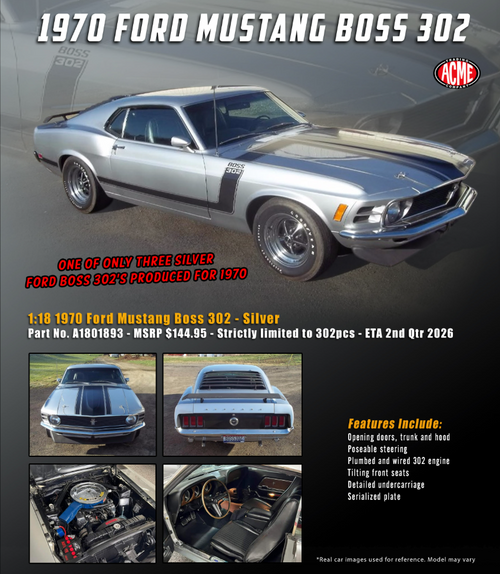 1/18 ACME 1970 Ford Mustang Boss 302 (Silver) Diecast Car Model