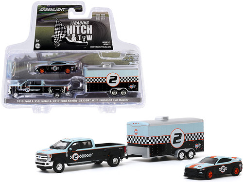 2019 Ford F-350 Lariat Dually Pickup Truck and 2019 Ford Mustang Shelby GT350R #2 with Enclosed Car Hauler "Gulf Oil" "Racing Hitch and Tow" Series 2 1/64 Diecast Model Cars by Greenlight