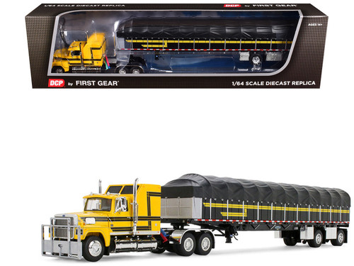 1/64 First Gear Ford LTL 9000 with 60” Aerodyne Sleeper & 53’ Wilson RoadbruteTM Flatbed Trailer with Covered Wagon (Black & Yellow) Diecast Model