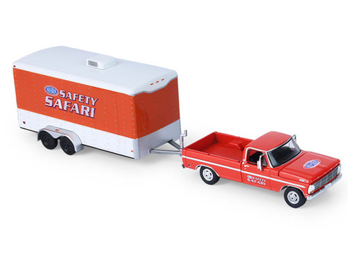 1969 Ford F-250 Pickup Truck Red and 1969 Chevrolet Camaro Z28 "Dan Fletcher" Orange with White Hood "NHRA Safety Team" with Enclosed Car Trailer "Racing Hitch & Tow" Series 6 1/64 Diecast Model Cars by Greenlight