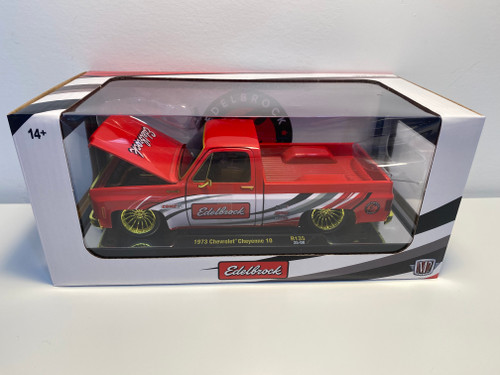 CHASE CAR 1/24 M2 Machines 1973 Chevrolet Cheyenne 10 Pickup Truck "Edelbrock" Red with Graphics Limited Edition Diecast Car Model