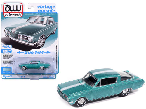 1965 Plymouth Barracuda Formula S Turquoise Metallic with White Stripe "Vintage Muscle" Series 1/64 Diecast Model Car by Auto World