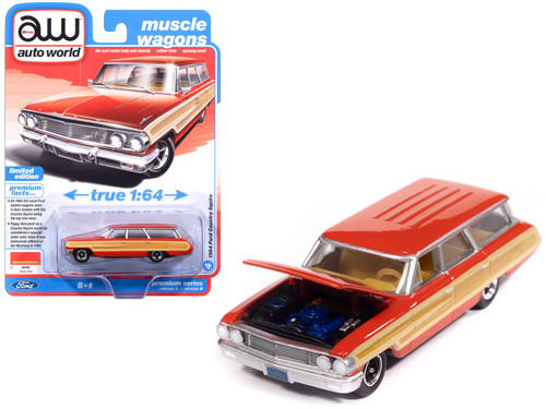 1964 Ford Country Squire Poppy Red with Woodgrain Sides "Muscle Wagons" Series 1/64 Diecast Model Car by Auto World