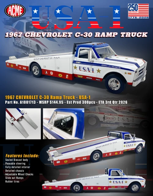 1/18 ACME 1967 Chevrolet C-30 Ramp Truck USA-1 Diecast Car Model