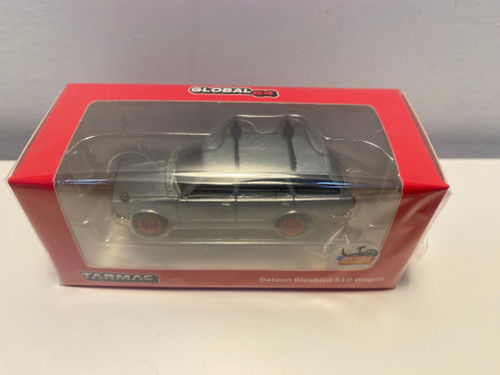 CHASE CAR 1/64 Tarmac Works Datsun Bluebird 510 Wagon with Roof Rack (Chrome Silver with Red Wheels) & Bicycle "Global64" Series Diecast Car Model