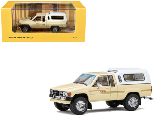 Toyota XtraCab SR5 4x4 Pickup Truck Beige with White Camper Shell "DiecastTalk Exclusive" Limited Edition to 1008 pieces Worldwide 1/64 Diecast Model Car by GCD