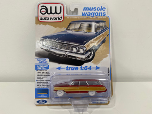 CHASE CAR of 1/64 Auto World 1964 Ford Country Squire (Red Metallic with Woodgrain Sides & White Wheels) "Muscle Wagons" Series Diecast Car Model