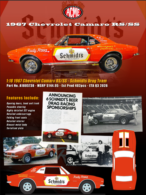 1/18 ACME 1967 Chevrolet Camaro RS/SS Schmidt's Drag Team Diecast Car Model