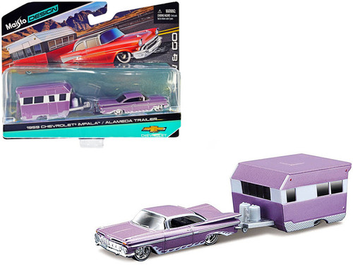 AS-IS 1/64 Maisto 1959 Chevrolet Impala (Purple Metallic with White Graphics and Alameda Trailer Purple Metallic and White "Tow & Go" Series Diecast Car Model