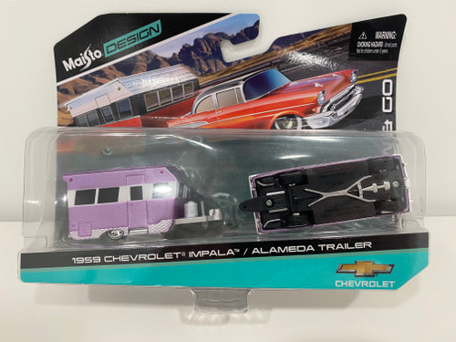 AS-IS 1/64 Maisto 1959 Chevrolet Impala (Purple Metallic with White Graphics and Alameda Trailer Purple Metallic and White "Tow & Go" Series Diecast Car Model