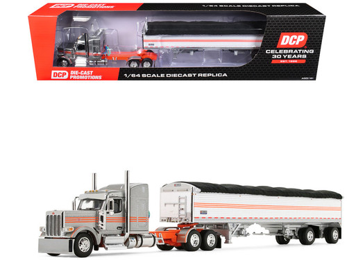 1/64 First Gear Peterbilt Model 589 (Silver & Orange) with 58" Mid-Roof Sleeper & 50' Wilson Pacesette Grain Trailer Diecast Model