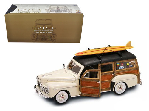 1948 Ford Woody with Wood and Surfboard Cream 1/18 Diecast Model Car by Road Signature