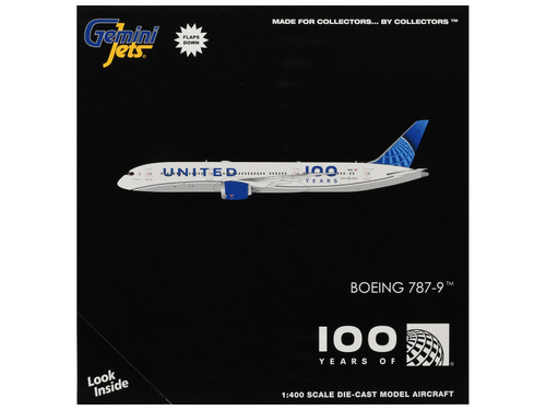 Boeing 787-9 Commercial Aircraft with Flaps Down "United Airlines 100 Years" (N61101) White with Graphics and Blue Tail 1/400 Diecast Model by GeminiJets