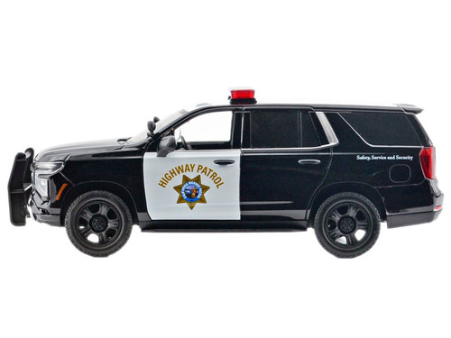 2025 Chevrolet Tahoe PPV "CHP (California Highway Patrol)" Black and White with Flashing Light Bar and Front and Rear Lights and Sounds 1/24 Diecast Model Car by Motormax