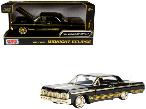1964 Chevrolet Impala Lowrider Black with Gold Graphics and Wheels "Midnight Eclipse" Series 1/24 Diecast Model Car by Motormax