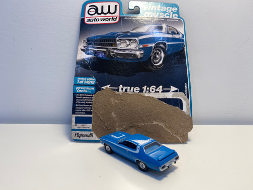 OPEN BOX AS-IS 1/64 Auto World 1973 Plymouth Road Runner 440 Basin Street (Blue with White Stripes & Blue Interior) "Vintage Muscle" Limited Edition Diecast Car Model