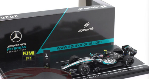 1/43 Spark 2026 Formula 1 Mercedes-AMG PETRONAS Formula One Team W17 No.12 Winner Chinese GP 2026 Kimi Antonelli With Pit Board Car Model