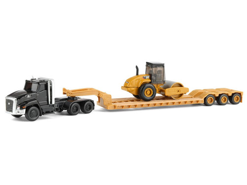 Kenworth T880 Tractor Black with Lowboy Trailer and CAT Roller Yellow 1/87 (HO) Diecast Model by Diecast Masters