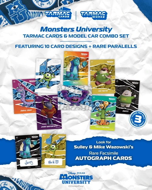 1/64 Tarmac Works Toyota Hiace Widebody "Monster University" Diecast Car Model with 1 Pack of 3 Collectible Trading Cards