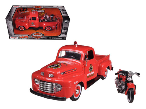 1948 Ford F-1 Pickup Truck Harley Davidson Fire With 1936 El Knucklehead Harley Davidson Motorcycle 1/24 Diecast Model by Maisto