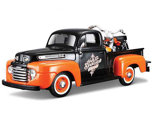 1948 Ford F-1 Pickup Truck Orange/Black with 1958 FLH Duo Glide Harley Davidson Motorcycle 1/24 Diecast Models by Maisto