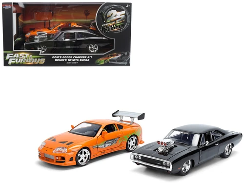 Dom's 1970 Dodge Charger R/T Black and Brian's Toyota Supra Orange with Graphics Set of 2 Cars "Fast & Furious 25th Anniversary" "Fast & Furious" Series 1/24 Diecast Model Cars by Jada