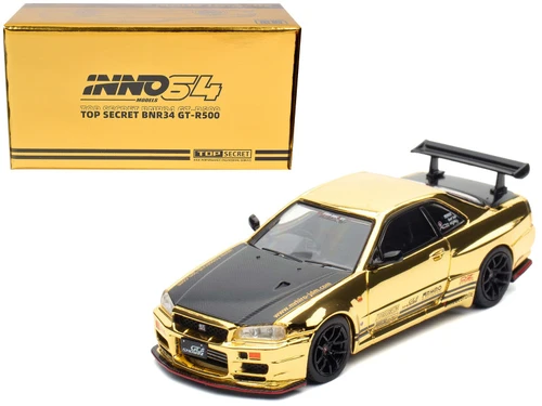 Nissan Skyline GT-R (R34) "Top Secret" RHD (Right Hand Drive) Gold Chrome with Carbon Hood "GTSHOW 2025 VIP Limited Edition" 1/64 Diecast Model Car by Inno Models