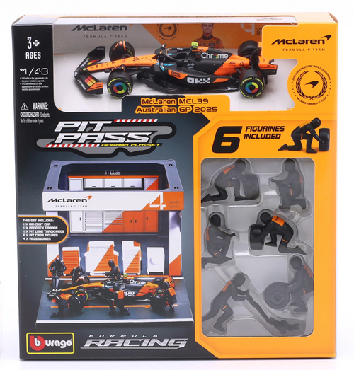 1/43 BBurago 2025 Formula 1 McLaren Team Lando Norris #4 Formula 1 World Champion Pit Stop Diorama