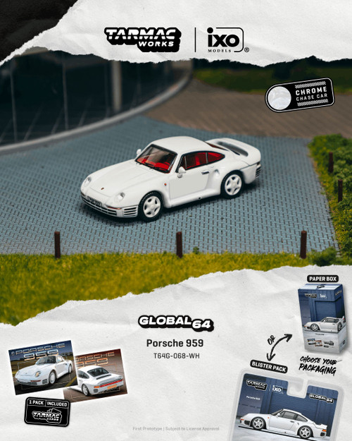 1/64 Tarmac Works Porsche 959 (White) Diecast Car Model with 1 Pack of 2 Collectible Trading Cards