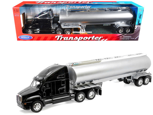 1/32 Welly Kenworth T2000 Semi Truck (Black with Silver Tanker Trailer) Transporter Diecast Model