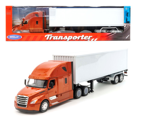 1/32 Welly Freightliner Cascadia Truck (Brown with White Container) "Transporter" Diecast Model