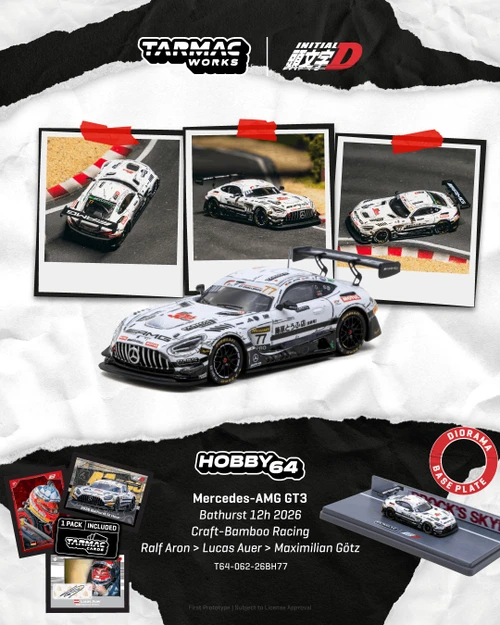 1/64 Tarmac Works 2026 Mercedes-AMG GT3 Bathurst 12h 2026 Craft-Bamboo Racing Ralf Aron, Lucas Auer, Maximilian Götz Diecast Car Model with 1 Pack of 3 Collectible Trading Cards