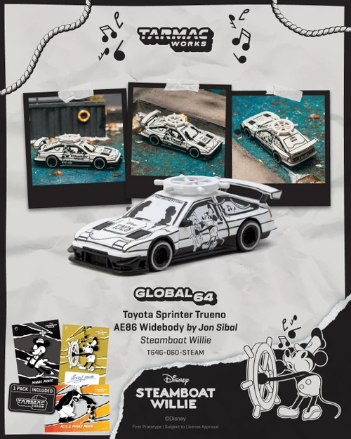 1/64 Tarmac Works Toyota Sprinter Trueno AE86 Widebody by Jon Sibal Mickey & Friends Steamboat Willie Diecast Car Model with 1 Pack of 3 Collectible Trading Cards