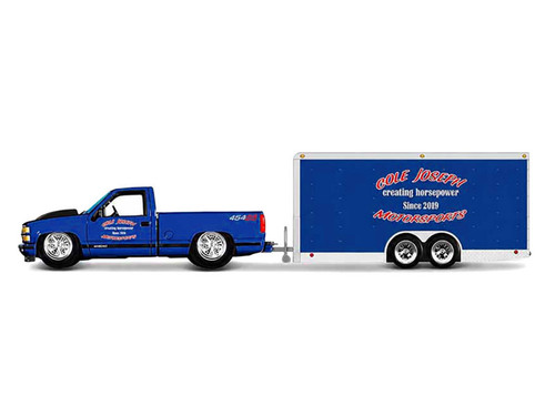 1993 Chevrolet 454 SS Pickup Truck Blue Metallic with Black Hood and Car Trailer Blue Metallic "Cole Joseph Motorsports" "Tow & Go" Series 1/64 Diecast Model Car by Maisto