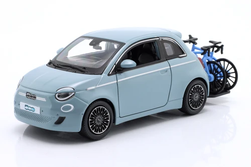 1/24 BBurago 2023 Fiat 500E with Bicycle Carrier (Blue) Diecast Car Model