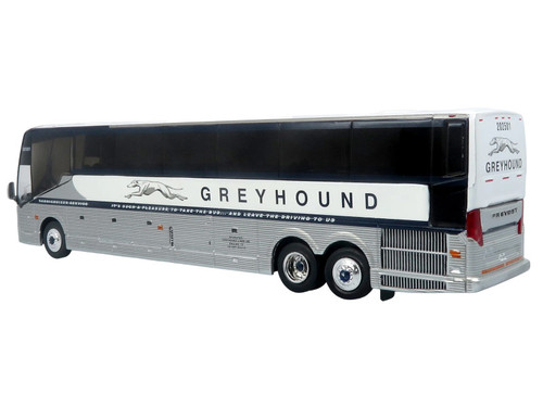 Prevost H3-45 Coach Bus "Greyhound Scenicruiser Service" White and Raw Metal "The Bus & Motorcoach Collection" Limited Edition to 504 pieces Worldwide 1/87 (HO) Scale Diecast Model by Iconic Replicas